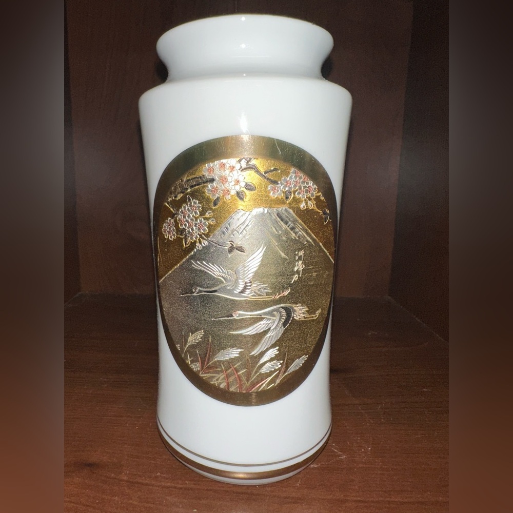 The Art of Chokin Vintage 24k Gold‎ Edged Vase 6" Flying Geese Japan